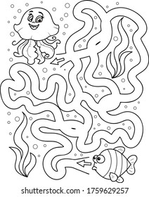 Help The Fish To Find Her Friend Jellyfish. Coloring Page Outline Of The Cartoon Labyrinth. Colorful Vector Illustration Of Educational Maze Game For Preschool Children, Summer Coloring Book For Kids.