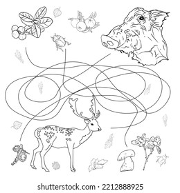 Help the forest animals to go through the maze. Black and white cartoon characters, forest plants and animals. Funny isolated vector illustration. Boar, deer, berries, mushrooms