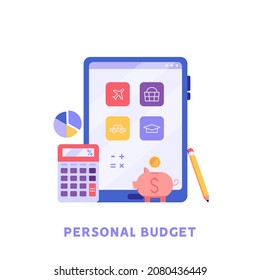 Help in forming a family budget, reasonable spending. Concept of budget, finance control, finance, personal budget, family money, accounting of expenses. Vector illustration in flat design