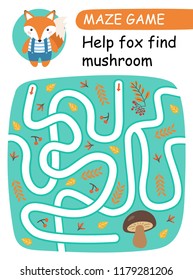 Help fox find mushroom. Maze game for kids. Vector illustration 