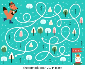 Help the fox skate to the finish line. Winter maze game for kids. Preschool activity page. Find the way to the houses puzzle. Vector illustration