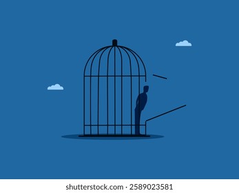Help, freedom, businessman looks for a way out of the cage and breaks the cage to escape