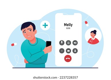 Ayuda con el concepto de amigo. Joven con smartphone en la mano llamando a una chica. Comunicación e interacción remotas. Ayuda y apoyo psicológico, salud mental. Dibujo vectorial plano de dibujos animados