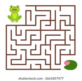 Help frog find right path to water lily leaf. Cute green cartoon frog. Interesting educational play with maze, labyrinth game for kid development vector design