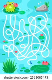 Help the frog get to the water lily. Labyrinth. Maze game for children. Vector illustration.