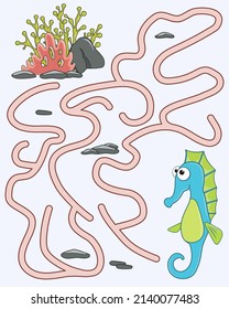 Help the funny sea horse find the pathway to kelp. Logic Game for kids. Entry and exit. Labyrinth with answer. Educational maze game with cute character exotic fish. Vector cartoon style illustration.