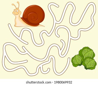 Help the funny snail find the pathway to cabbage. Logic Game for kids. Entry and exit. Labyrinth with solution. Educational maze game with cute character slug. Vector cartoon style illustration.