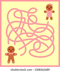 Help gingerbread Man find path to his girlfriend. Labyrinth. Maze game for kids. Vector illustration.
