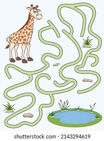 Help the giraffe find the pathway to watering hole. Logic Game for kids. Entry and exit. Funny Labyrinth with solution. Educational maze game with character giraffe. Vector cartoon style illustration.