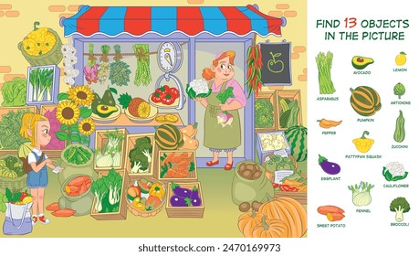 Help the girl buy vegetables. Find 13 objects in the picture. Hidden object puzzle. Vector illustration.