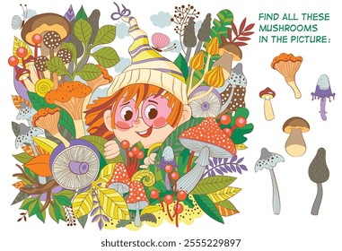 Help the girl find edible mushrooms in the clearing: chanterelles, morels, boletuses... Educational game for children. Cartoon vector illustration