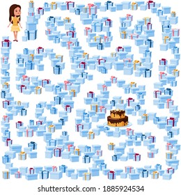 Help the girl find her way to the birthday cake in the maze of gift boxes. Children's picture with a riddle in the maze, puzzle on a white background.