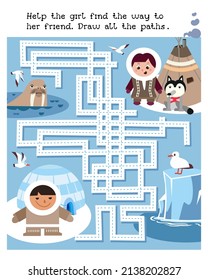 Help girl find her way to friend. Draw all the paths. Maze game for children. Northern animals and ice. Vector illustration in cartoon style.