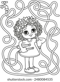 Help the girl to find the right water hose. Coloring page outline of the cartoon labyrinth. Colorful vector illustration of educational maze game for preschool children, summer coloring book for kids