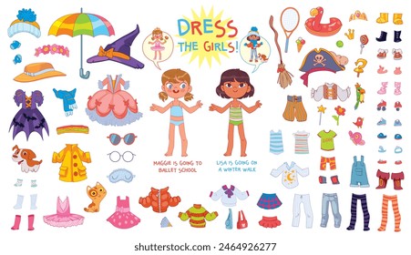 Help the girls get dressed. Child is going for a winter walk or ballet school. Kids game. Set of various clothes for a paper doll. Attention task. Funny cartoon character. Puzzle Hidden Items