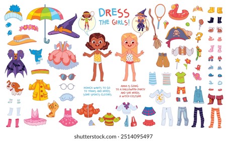 Help girls get dressed. Kid is going to a Halloween party. Child needs some sports clothes. Educational game for children. Colorful cartoon characters. Attention task. Funny cartoon character. Set