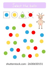 Ajude o bode a selecionar as bolas corretamente. Lição para educação e atividades infantis. De 5 a 7 anos.