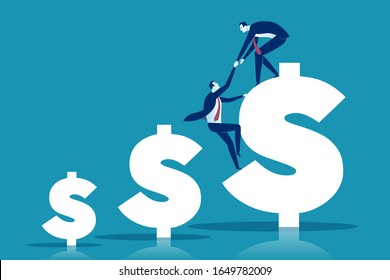 Help to grow. Businessman helping to climb on the top of the dollar. Concept vector  illustration.