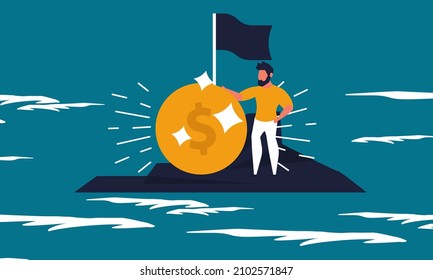 Help and guarantee to business people and financial protection of investors. Man on the island with gold coin vector illustration concept. Pandemic ocean rescue and save money guarantee global