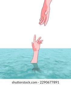 Help hand for drowning person. Life saving in sea or ocean. Psychology support