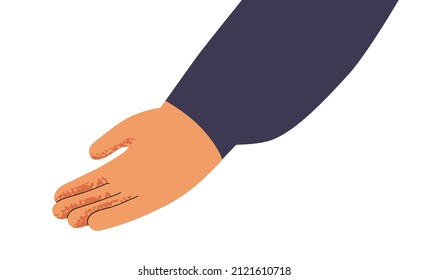 Ayuda. La palma humana para apoyo y asistencia. Cuidados, caridad, esperanza y concepto de misericordia. El brazo pide limosnas. Ilustración vectorial plana aislada en fondo blanco.