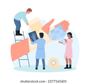 Help with hand injury and fracture in hospital vector illustration. Cartoon tiny people treat bruise, broken sick arm with ice pack and elastic bandage, doctor holding xray of wrist for diagnosis