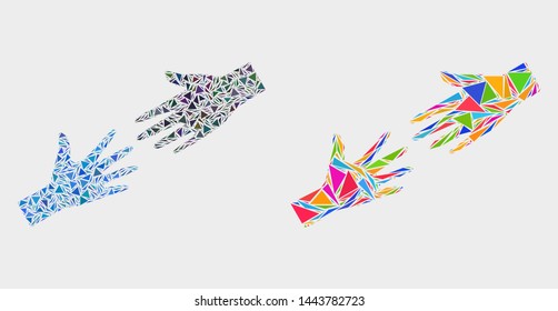 Help hand mosaic icon of triangle items which have various sizes and shapes and colors. Geometric abstract vector illustration of help hand.