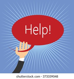 Help - Hand sign design on sunburst background. Helping Hand vector illustration with red speech bubble label frame. Blue starburst background. Hand in black costume sleeve. Palm hold red balloon.