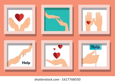 Help hands with hearts set design of Collaborative team cooperation together partnership unity idea strategy solution togetherness and occupation theme Vector illustration