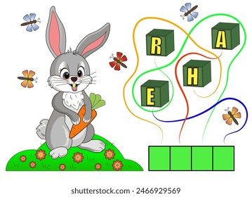 Help the hare to collect the right word. Maze game for kids, puzzle on the road, confusion game with solution.  Collect a word from the letters.  Illustration vector eps 10.