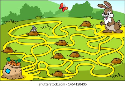 Help the hare to find his way to the bag of carrots. Educational game for children. Vector illustration