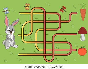 Ayuda a la liebre a encontrar el camino para comer zanahorias. Juego de laberinto para niños, rompecabezas en la carretera, juego de confusión con solución.  Vector de ilustración eps 10.