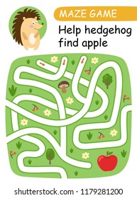 Help hedgehg find apple. Maze game for kids. Vector illustration 