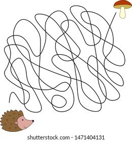 Help hedgehog character find path to a mushroom. White vector background with a black maze.
