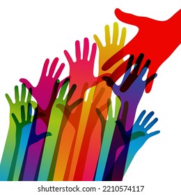 Help, helpers. Hands on a light background. Colorful silhouettes arms. Vector team, help, friendship symbol illustration.