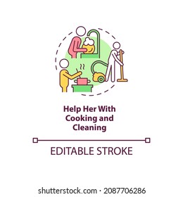 Help Her With Cooking And Cleaning Concept Icon. Partner Support During Pregnancy Abstract Idea Thin Line Illustration. Household Chores. Vector Isolated Outline Color Drawing. Editable Stroke