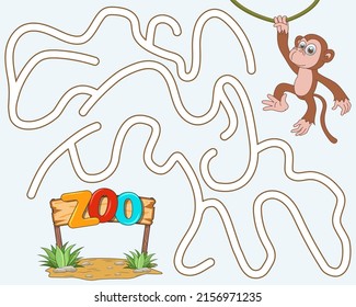 Ayude a la hipopótama a encontrar el camino hacia el zoológico. Juego lógico para niños. Entrada y salida. Laberinto gracioso con solución. Juego de laberinto educativo con chimpancé lindo. Ilustración de estilo de dibujos animados vectores.