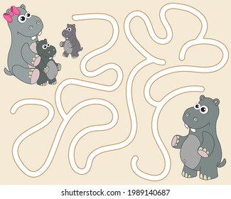 Help the hippopotamus find the pathway to family. Logic Game for kids. Entry and exit. Funny Labyrinth with solution. Educational maze game with cute character hippo. Vector cartoon style illustration