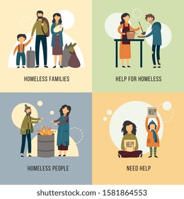 Ayuda para carteles de personas sin hogar con mendigos hambrientos - hombres, mujeres y niños caricaturistas, ilustración vectorial plana. Concepto de caridad y donación para personas sin hogar.