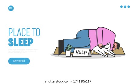 Help homeless people landing page. Poor man tramp sleeping on street need home. Poverty and donations for jobless needed people concept. Template cartoon vector illustration