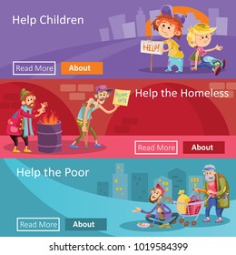 Help to homeless people vector illustration for social charity project web banners. Flat design of poverty charity organization for help to beggars or homeless bum and children begging 