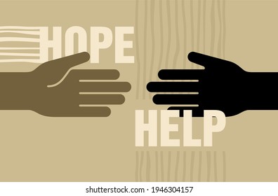 Help and hope charity concept, benevolence illustration with helping hands and long shadows