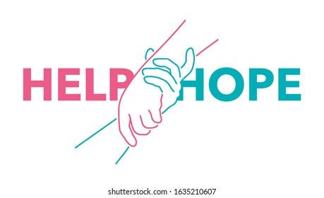 Help and hope concept - drawn outline helping hands - benevolence charity illustration
