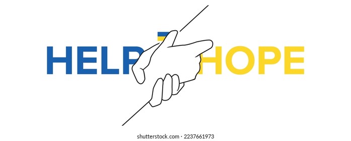 Help and hope concept - drawn outline helping hands - benevolence charity illustration. From Ukraine.