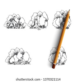 Help and hope - people helping other people in difficult situations vector concept set. Hand drawn sketch isolated illustration