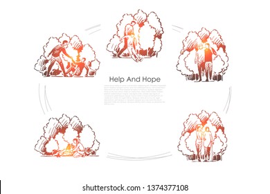 Help and hope - people helping other people in difficult situations vector concept sets