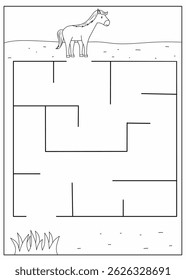 Help the horse to find its way through the path, Maze worksheet animals, animals labyrinth activity for kids, black and white maze printable for kindergarten, maze coloring page
