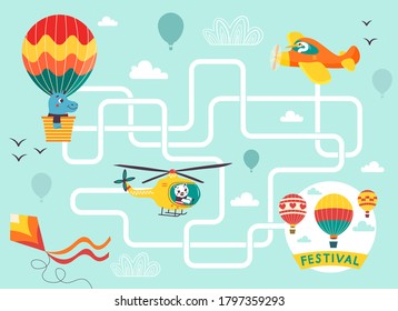 Help the hot air balloon find the right way to the festival. Color maze or labyrinth game for preschool children. Puzzle. Tangled road. Transport for kids