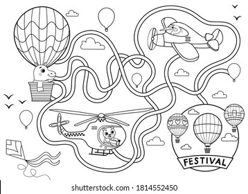 Help the hot air balloon find the right way to the festival. Maze or labyrinth game for preschool children black and white for coloring. Puzzle. Tangled road. Transport for kids