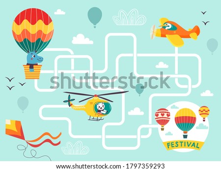 Help the hot air balloon find the right way to the festival. Color maze or labyrinth game for preschool children. Puzzle. Tangled road. Transport for kids